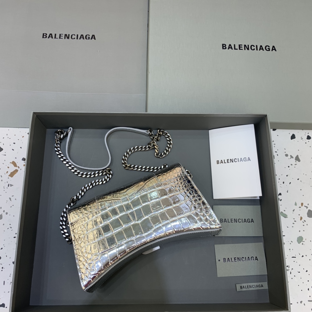 Balenciaga Big Hourglass Wallet With Chain Crocodile Embossed Shoulder Bag Silver